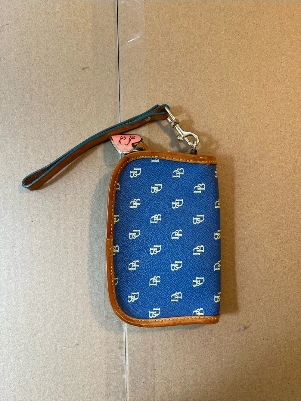 Dooney & Bourke Blue Signature Mini Wristlet with Tan Trim